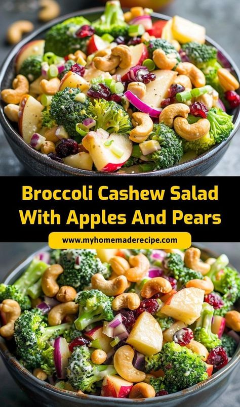 This Broccoli Cashew Salad with Apples and Pears is a fresh, crunchy dish that’s perfect for lunch or as a side! Packed with flavors and textures, it’s a healthy option for any meal. Broccoli Pear Apple Cashew Salad, Broccoli Cashew Salad, Crunchy Salad Recipes, Broccoli Cashew, Healthy Green Salads, Apple Broccoli Salad, Cashew Salad, Potatoes Salad, Pear Salad Recipes