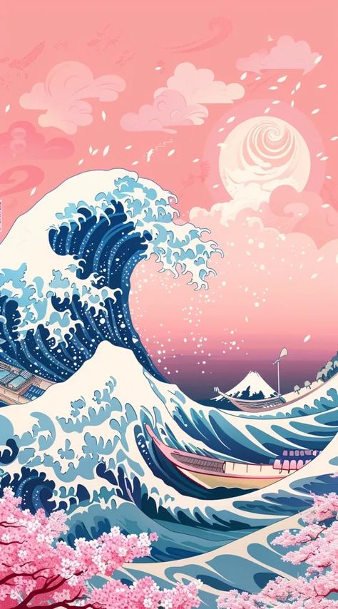 The image is a Japanese-style painting of a tsunami. The wave is depicted as a large, blue and white wall of water, with a crest that is capped with foam ->> more details in ai-img-gen.com Japanese Tsunami Art, Japanese Waves Painting, Blue Wallpaper Japanese, Japanese Print Art, Japan Cute Wallpaper, Water Art Aesthetic, The Great Wave Wallpaper, Blue Japanese Aesthetic, Tsunami Painting