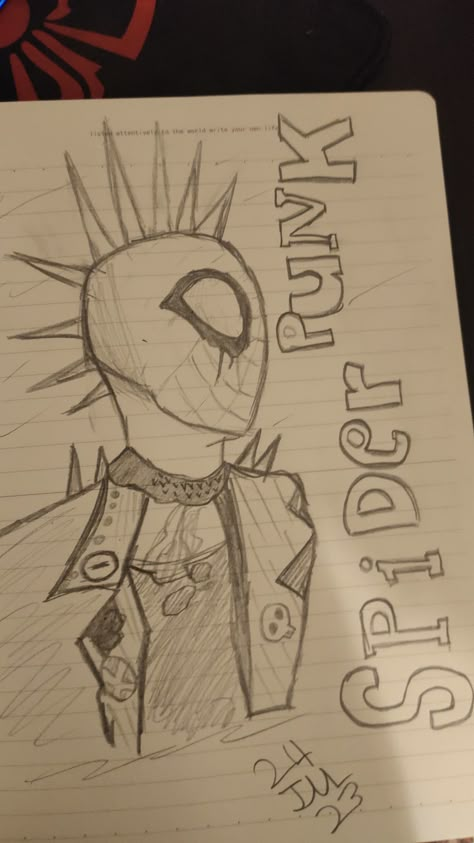 Spiderman Punk Drawing, How To Draw Spider Punk, Punk Doodles Drawings, Spider Punk Doodle, Spider Punk Drawing Sketch, Spider Punk Sketch, Punk Drawings Sketches, Spider Man Dibujo, Spiderman Drawing Sketches