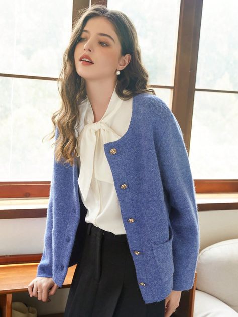 Women's Long Sleeve Crew Neck Knitted Cardigan With Pockets, Autumn/Winter Blue Casual  Long Sleeve Knitwear Plain  Slight Stretch  Women Clothing, size features are:Bust: ,Length: ,Sleeve Length: Yellow Long Dress, Winter Blue, Cardigan Casual, Cardigan With Pockets, Letter Print Sweatshirt, Winter Blues, Knitted Cardigan, Camisa Polo, Winter Women