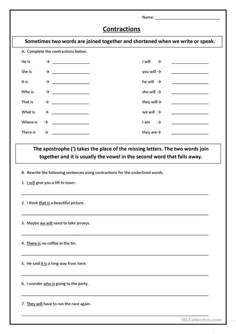 Contractions Worksheets 2nd Grade, Contractions Worksheet, Contractions Activities, Middle School Esl, Proportions Worksheet, Solving Proportions, Speech Therapy Tools, Punctuation Worksheets, Esl Grammar