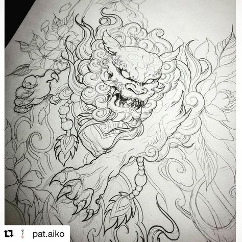 Chest Tattoo Japanese, Japanese Foo Dog, Foo Dog Tattoo Design, Dragon Tattoo Sketch, Foo Dog Tattoo, Dragon Tattoo Art, Samurai Tattoo Design, Dog Line Art, Japan Tattoo Design