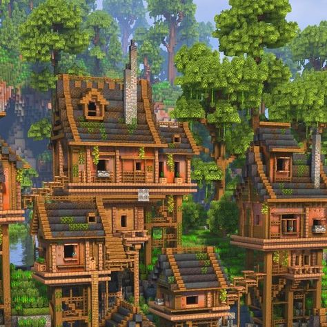 Jungle Mountain House Minecraft, Jungle Pallete Color Minecraft, Minecraft Building Ideas Jungle House, Jungle Theme Minecraft House, Minecraft Treehouse Ideas Aesthetic, Jungle Kingdom Minecraft, Minecraft Building Ideas Acacia, Minecraft Treehouse Village, Acacia Village Ideas Minecraft