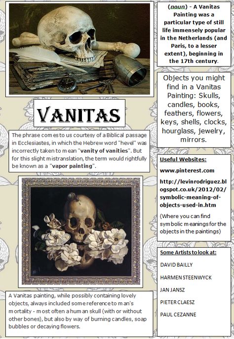 Vanitas themed poster to for students as a quick reference and introduction. Vanitas Gcse Art Sketchbook, Introduction Sketchbook Page, Vanitas Tattoo, Vanitas Book, Art Syllabus, Artist Research Page, Vanitas Paintings, Art Alevel, Gcse Art Sketchbook