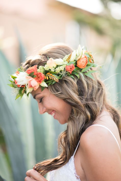 Tropical + Bohemian Florida Wedding Inspiration Gallery - Style Me Pretty Blue Flower Crown, Tropical Bohemian, Beach Wedding Decorations Reception, Flowers Crown, Bridal Flower Crown, Maui Wedding, Beach Wedding Decorations, Crown Wedding, Flower Crown Wedding