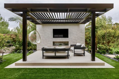 Architects & Designers - Pergola X | Louvered Roofs | Patio Covers Paver Patio With Pergola, Patio With Pergola, Pergola Outdoor, Outdoor Fireplace Patio, Outdoor Patio Space, Patio Covers, Kitchen Outdoor, Outdoor Gazebos, Backyard Pool Designs