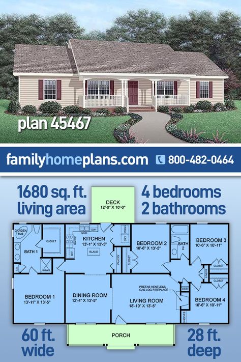 Simple Ranch House Plans, Closet Garden, Cased Opening, Island Pantry, Large Porch, Outdoor Meals, Log Fireplace, Floor Plans Ranch, Basement House Plans