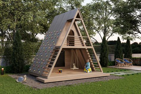 Playhouse Garden Ideas, A Frame Kids Playhouse, Triangle Playhouse, Kids Playground Backyard, Platform Playhouse, Garden Play House, Kids Backyard Ideas, Kids Sandpit, Playground House