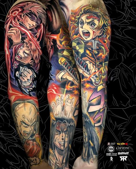 Anime Tattoos Thigh, Anime Calf Tattoo, Arm Tattoo Anime, Anime Sleeves, Anime Tats, Anime Arms, Anime Sleeve, Slayer Tattoo, Tattoo Anime