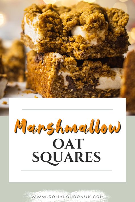 Sweet and gooey oatmeal marshmallow bars - the perfect treat! Easy to make and ready in just 30 minutes or less. #bonfirenight #marshmallow #vegantreats Healthy Marshmallow Treats, Marshmallow Oatmeal Bars, Vegan Marshmallow Desserts, Vegan Chocolate Marshmallow Cookies, Marshmellow Treats With Cereal, Deluxe Chocolate Marshmallow Bars, Breakfast Goals, Vegan Sweet Potato Pie, Oatmeal Dessert