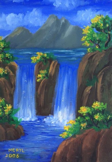 A beautiful painting of a waterfall Nature Paintings Acrylic, Painting Simple, Waterfall Paintings, Waterfall Art, Scenery Paintings, Easy Canvas Painting, Simple Acrylic Paintings, Nature Art Painting, Beginner Painting