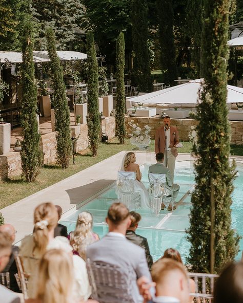 A Serene Wedding Celebration with Poolside Reception in Germany✨ Dominik and Franziska wanted their celebration to be unique. They aimed for their guests to leave thinking, «Wow, I’ve never experienced a wedding like this,» and they succeeded. The ceremony took place on a stunning glass platform over the venue’s turquoise pool, and the guests enjoyed a stylish reception in a chic marquee decorated with twinkling chandeliers and lush florals. The couple entrusted the visual storytelling of th... Poolside Wedding Ceremony, Poolside Reception, Turquoise Pool, Visual Storytelling, Wedding Celebration, Celebrity Weddings, Chandeliers, Instagram A, Wedding Ceremony