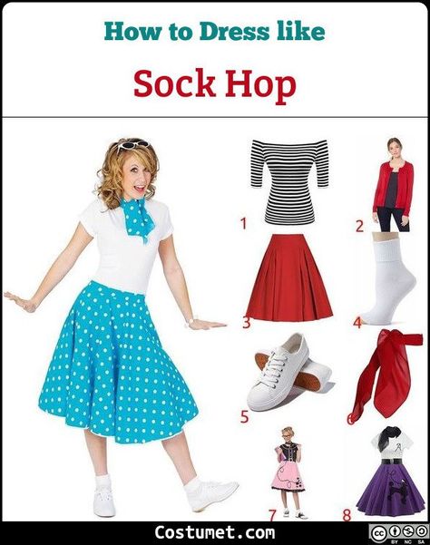 Think of the musical Grease when you’re going to a sock hop costume. Ladies, wear a retro top, a flared skirt, and a chiffon scarf. Gentlemen, don on your white shirts and leather jackets.             #Misc #male #female #couple #misc #duo #retro #teen #SockHop 1950s Sock Hop Fashion, Diy Sock Hop Outfit, 50s Fashion Costumes, Sockhop Outfit, Sock Hop Attire, 50s Theme Outfit Women, Sock Hop Outfits For Women, Grease The Musical Costumes, 50s Sock Hop Outfit