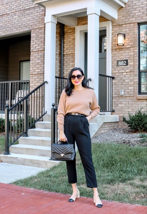 Beige Heels Outfit Work, Beige And Black Pumps Outfit, Black And Cream Work Outfits, Two Toned Heels Outfit, Cream Top Black Pants, Chanel Cream And Black Shoes Outfit, Black Toe Shoes Outfit, Chanel Cap Toe Outfit, Beige Trousers Black Top