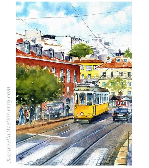 Original Lisbon Painting, Portugal Artwork, Handmade Watercolor, Portuguese Art, Lisbon Yellow Tram, Tram 28, Largo Das Portas Do Sol Lisboa