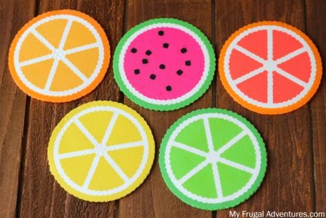 Citrus Perler Bead Coasters {Fun Children's Craft} - My Frugal Adventures Perler Bead Coasters, Bead Coasters, Diy Summer Decor, Fun Summer Crafts, Diy Crafts For Girls, Handmade Holiday Gifts, Summer Crafts For Kids, Perler Beads Designs, Perler Bead Art