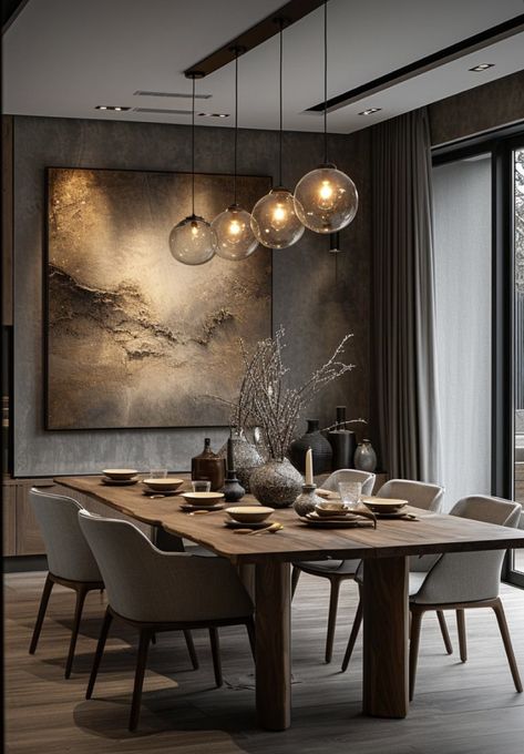 Beige And Brown Dining Room, Organic Modern Dining Room Pendant Lights & Chandeliers, Dining Room With View, Dining Room Entrance Of House, Stone Dining Room Table, Dining Room Ideas Modern Luxury, Dining Room Rustic Modern, Dinning Room Ideas Modern Minimalist, Modern Cozy Dining Room