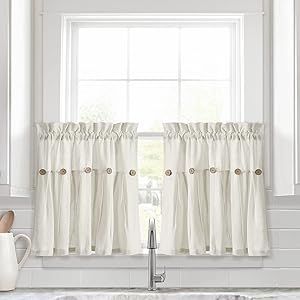 Lush Decor Linen Button Farmhouse Kitchen Tier Curtain Set, Pair, 29" W x 24" L, Off- White Dark Panels, Charming Kitchen, Farmhouse Windows, Tier Curtains, Lush Decor, Kitchen Window Treatments, Bathroom Windows, Cafe Curtains, Rod Pocket Curtain Panels