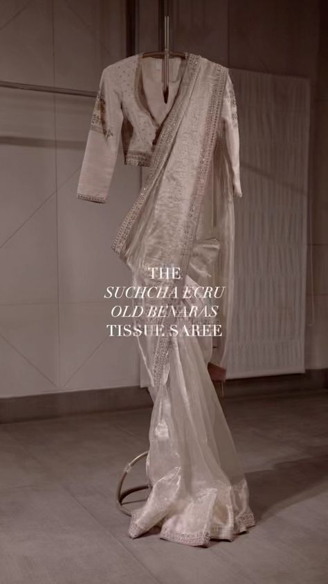 matsyaworld on Instagram: ~ The New Vintage Suchcha Ekru Old Benaras Wrinkled Tissue Saree. The mesmerising ensemble is based in wrinkled ivory tissue with golden… Tissue Saree, By Appointment Only, Indian Wedding Wear, Dress Design Patterns, Desi Style, Indian Couture, Indian Attire, Design Patterns, Dress Design