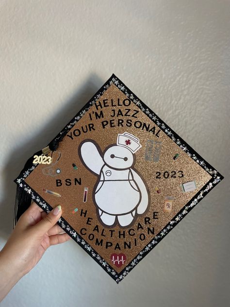 Nursing Grad Caps Funny, Funny Nurse Grad Caps, Graduation Cap Designs Nursing Lpn, College Grad Cap Ideas Nursing, Disney Nurse Graduation Cap, College Graduation Cap Decoration Nursing, Healthcare Graduation Cap Ideas, Baymax Graduation Cap, Premed Graduation Cap