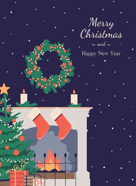 New year card or poster with tree, gifts, fireplace and wreath. Night celebration vector illustration. Christmas House Illustration, Christmas Wreath Illustration, Christmas Vector Illustration, Tree Gifts, New Years Poster, Christmas Poster, Christmas Tree With Gifts, New Year Card, Merry Christmas And Happy New Year