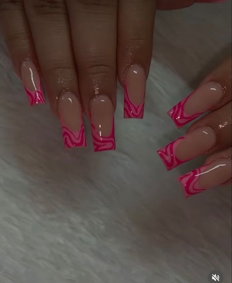 Pink Line Art Nails, Simple Pink Nail Set, Square French Tip Acrylic Nails Summer, Spring Nail Inspo Square, Square Nail Designs Pink, French Tip Designs Square, Nails Ideas Pink, Summa Nails, Ambre Nails