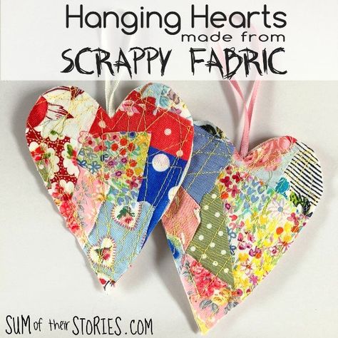 How to make beautiful useable cloth from tiny fabric scraps — Sum of their Stories Craft Blog Upcycling Craft Ideas, Easy Valentine Crafts, Cloth Paper Scissors, Patchwork Heart, Scrap Fabric Projects, Scrappy Quilt Patterns, Rag Wreath, Fabric Hearts, Heart Template