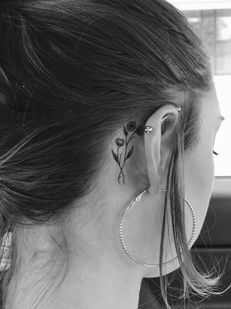 Flowers Behind The Ear Tattoo, Behind The Ear Flower Tattoo Ideas, Small Daisy Tattoo Behind Ear, Small Tattoo By Ear, Carnation Behind The Ear Tattoo, Morning Glory Tattoo Behind Ear, Wildflower Tattoo Behind Ear, Daisy Behind The Ear Tattoo, Tulip Ear Tattoo