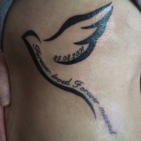 Memorial tattoo of a bird including a date and the phrase "Forever loved, forever missed." Bird Tattoo Memorial, Wedding Date Tattoos, Wedding Ring Finger Tattoos, Tattoo Memorial, Butterfly Neck Tattoo, Date Tattoos, Ring Finger Tattoos, Bird Tattoos, Best Tattoos For Women