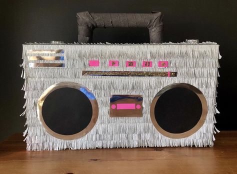 Boom Box Pinata, 80s Pinata, Boombox Pinata, Boombox Prop, Disco Party Costume, How To Make Pinata, Disco Theme Party, 80s Birthday Parties, Rockstar Birthday