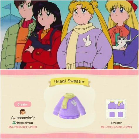 ACNH Giveaways & Helping Out 😊 | 🌙 Sailor Moon Clothing Design Codes🌙 Sailor Moon Fits, Sailor Moon Sweater, Sailor Moon Acnh Codes, Acnh Anime Codes, Acnh Sailor Moon Design, Animal Crossing Anime Codes, Acnh Qr Codes Cute Clothes, Acnh Sailor Moon, Animal Crossing Sailor Moon