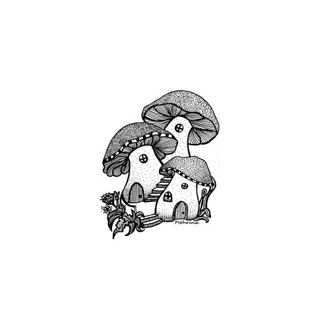 Mushroom House Tattoo, Journalling Inspiration, Faerie House, Mushroom Houses, Draw Black, Fairy Tale Illustration, Mushroom Drawing, Black And White Illustrations, Cute Mushroom