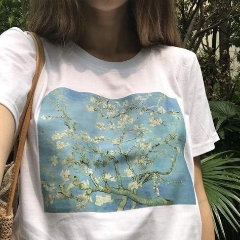 Painting Tee Shirts, Artsy Shirt, Cute White Tops, Almond Blossoms, Van Gogh Almond Blossom, Tshirt Painting, Paint Shirts, Diy Vetement, Almond Blossom