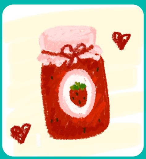 Strawberry Jam Drawing, Strawberry Easy Drawing, Strawberry Doodle Aesthetic, Cute Strawberry Doodle, Cute Fruit Art, Strawberry Art Cute, Strawberry Jam Aesthetic, Strawberry Drawing Cute, Strawberry Icon Aesthetic