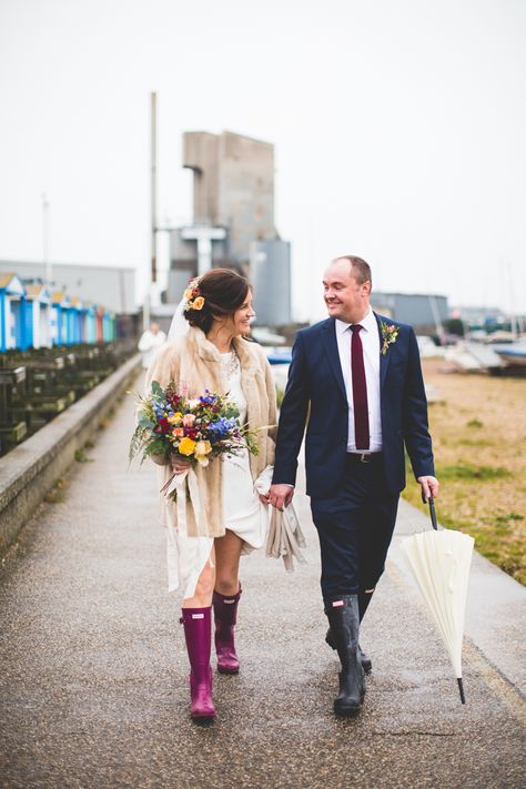 Wedding Wellies Brides, Groom Navy Suit, Wedding Wellies, Suit Bride, Wild Flower Bouquet, Navy Groom, Hunter Outfit, Sea Wedding, Sarah Seven