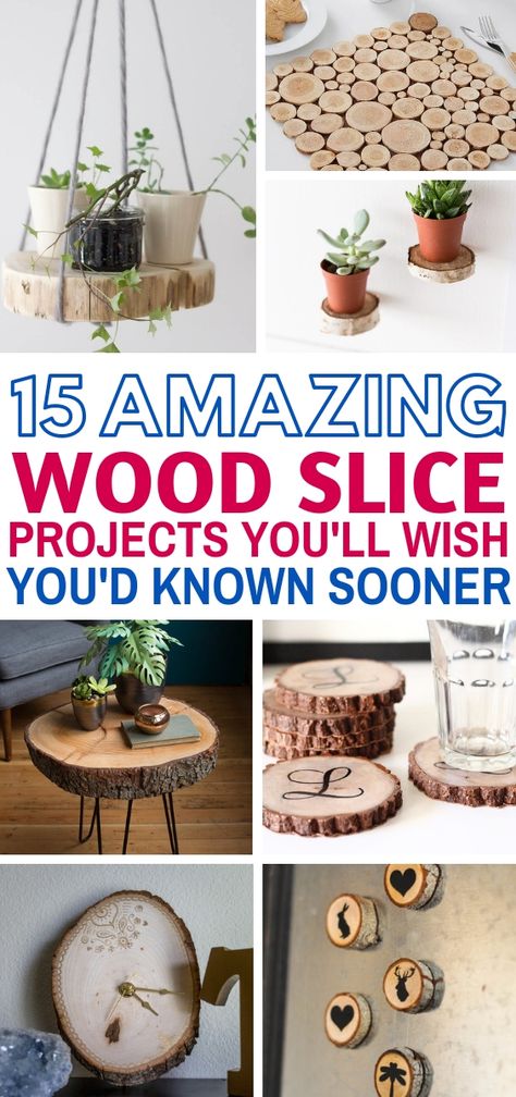 These 15 easy Wood Slice Crafts will make your home decor look FANTASTIC! They're so simple to make with step by step tutorials showing you how. The ornaments and tables are the BEST! #diy #diyhomedecor #woodcrafts