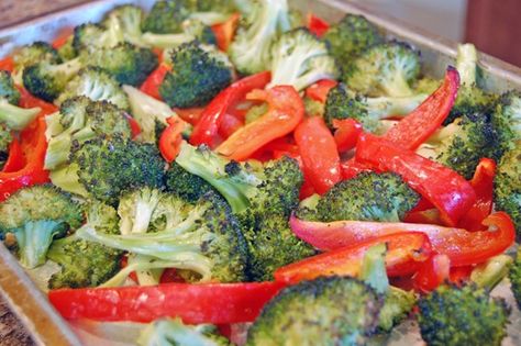 Roasting broccoli in the oven gives a new dimension to the flavor.  It brings out a nutty taste in the broccoli and enhances the sweetness of the red pepper.  You can vary the seasonings using se... Broccoli And Peppers, Red Pepper Recipes, Red Cabbage Recipes, Eat More Vegetables, Eat At Home, Bread Easy, Cooked Veggies, Roasted Broccoli, Veggie Side Dishes