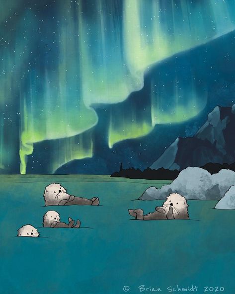 Bathing Illustration, Arctic Illustration, Arctic Animals Nursery, Sea Otter Art, Northern Lights Art, Otter Art, Animal Nursery Art, 동화 삽화, Sea Otters