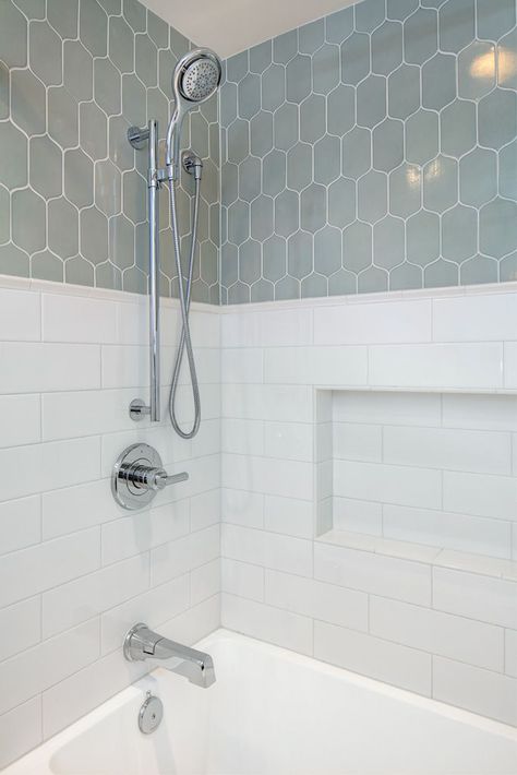 Shower Tile Above Tub, Subway Tub Surround, Basic Shower Tile, Tile In Tub Shower Combo, Subway Tile Shower Tub Combo, Large Tile Shower Bath Combo, Tile Around Tub Shower Combo, Large Tile Shower Tub Combo, Bath Tub Niche Tile Ideas