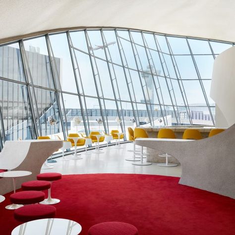 PHOTOS: The TWA Hotel at JFK is officially open! | 6sqft Twa Hotel Jfk, Twa Airport, Airport Architecture, Twa Flight Center, Twa Terminal, Twa Hotel, Flight Centre, David Mitchell, Jfk Airport