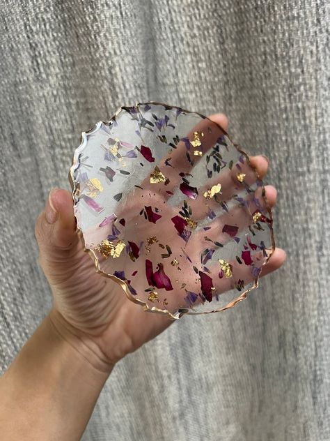 Flower Epoxy Coaster, Resin Flowers Coasters, Dried Flower Resin Coasters, Rose Resin Coaster, Resin Coasters Floral, Bamboo Utensils, Gold Flakes, Trinket Tray, Gold Accents