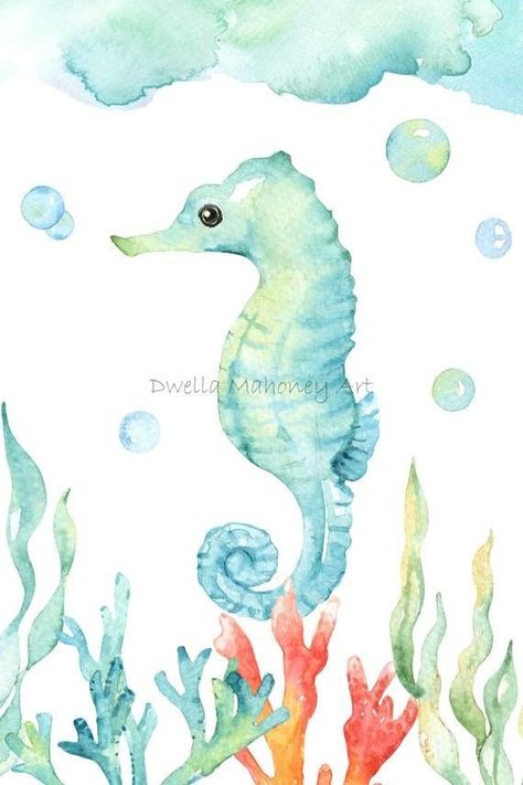 Watercolor Seahorse, Ocean Clipart, Sea Illustration, Green Sea Turtle, Diy Watercolor Painting, Clownfish, Wall Art Watercolor, Underwater Creatures, Fall Watercolor