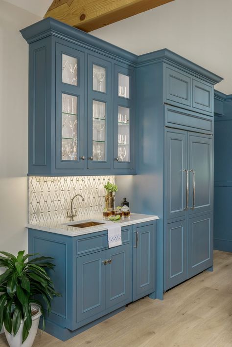 Refrigerated Drawers, Display Glassware, Stairway Remodel, Hydrangea House, Blue Kitchen Walls, Backsplash Design, Bold Kitchen, Blue Kitchen Cabinets, Blue Cabinets