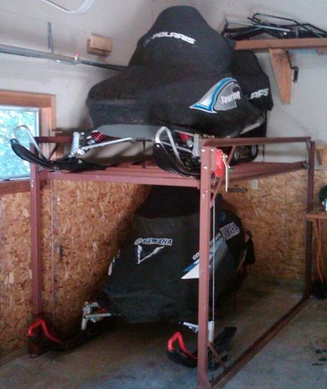 Snowmobile Storage, Snowmobiling Humor, Snowmobile Lift, Snowmobile Girl, Atv Storage, Garage Cleaning, Snowmobile Trailers, Snowmobile Accessories, Garage Lift