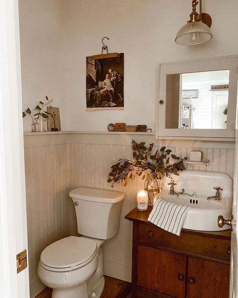 Beige Beadboard Bathroom, Old Vintage Bathroom, Table In Bathroom Decor, Sloped Bathroom Ceiling, Vintage Country Bathroom, Old Fashion Home Decor, Painted Trim Bathroom, Woods And White Decor, Small Bathroom Transformation