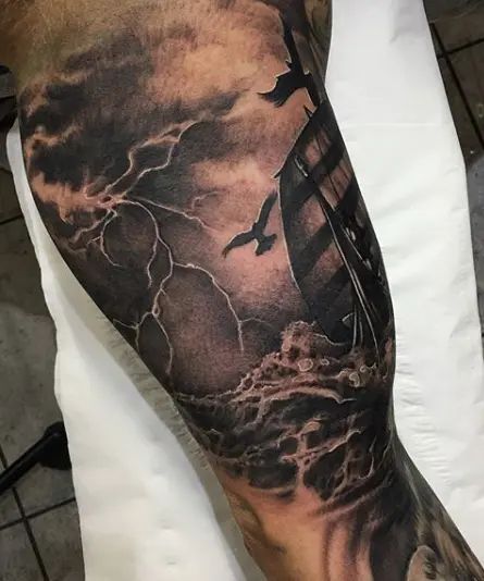 Storm Shoulder Tattoo, Look At The Sky Tattoo, Stormy Sky Tattoo, Storm Tattoo Sleeve, Storm Tattoo Men, Dark Clouds Tattoo, Storm Tattoo Thunderstorms, Sky Tattoo Sleeve, Weather Tattoo Ideas