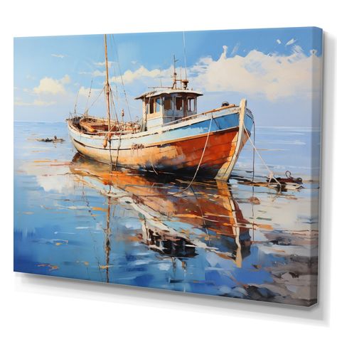 Boat Wall Art, Blue Orange White, Fishing Boat, Beach Wall Art, Metal Art Prints, Wall Art Living Room, Fishing Boats, Metal Wall Decor, Framed Canvas Art