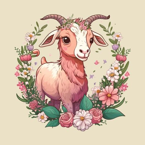 Fantasy Goat Art, Cute Goat Illustration, Goat Illustration Cute, Baby Goat Tattoo, Baby Goat Drawing, Goat Art Illustration, Cute Goat Tattoo, Cute Goat Cartoon, Cute Goat Drawing