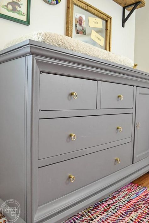 I love the gray dresser with the brass pulls. This dresser started as a dark cherry wood color; it looks so much better now. Grey Painted Dresser, Cherry Bedroom Furniture, Dresser Hardware, Gray Dresser, Cherry Wood Furniture, Vintage Bedroom Furniture, Grey Bedroom Furniture, Grey Dresser, Bedroom Furniture Makeover