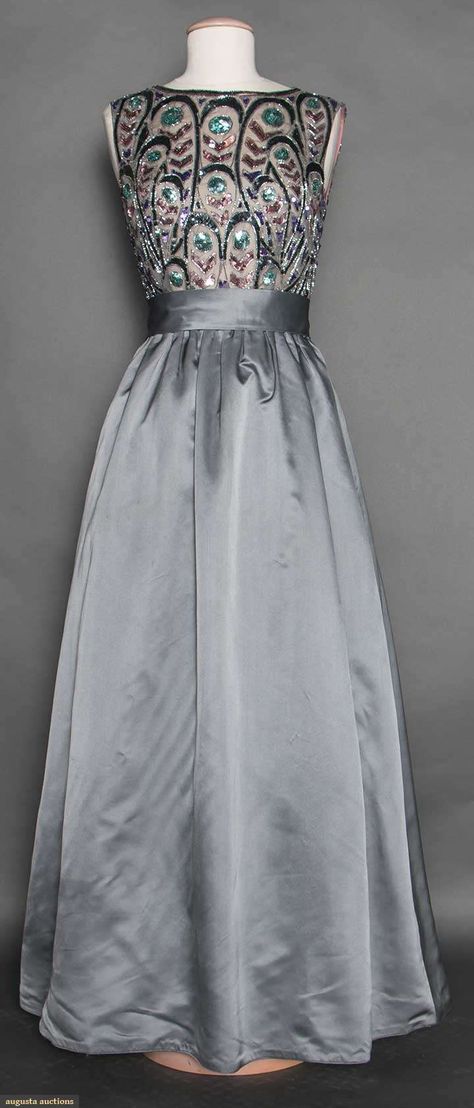 Beaded Grey Satin Ball Gown, C. 1960 1960s Ball Gown, 1960s Clothes, Augusta Auctions, Bell Skirt, 1960s Dresses, 1960 Fashion, 1960s Outfits, Historical Dress, Satin Evening Gown